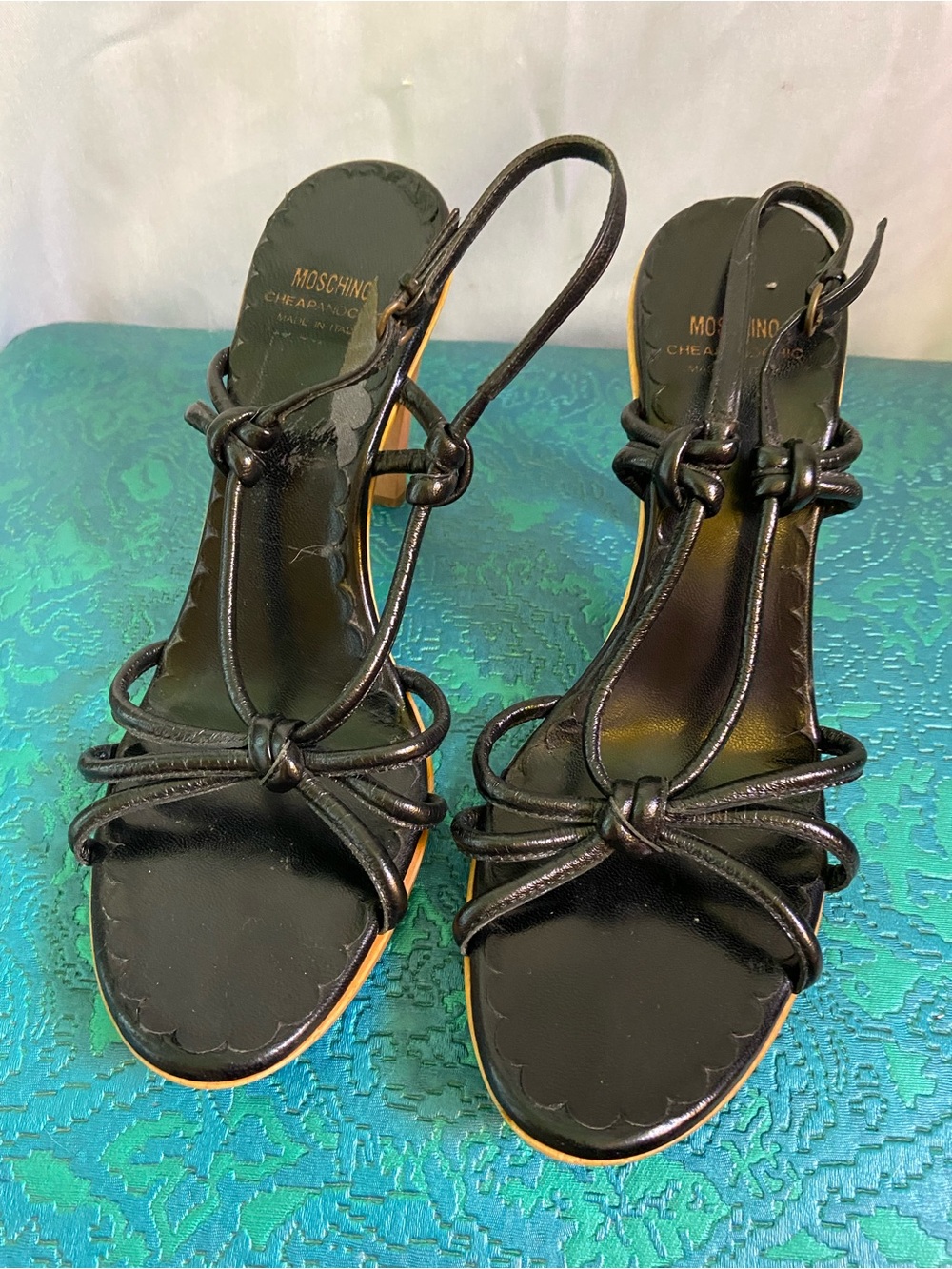 Moschino SEXIEST CHICEST EVER Black Knotted Strappy Leather Slingback Heels